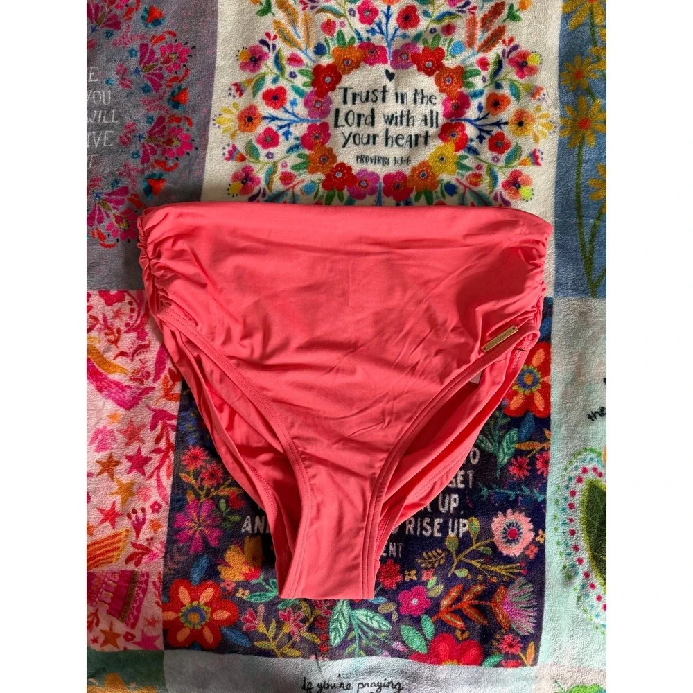 Vince Camuto One Shoulder Knot Tankini Set Pop Coral Pink High Waist Large NEW